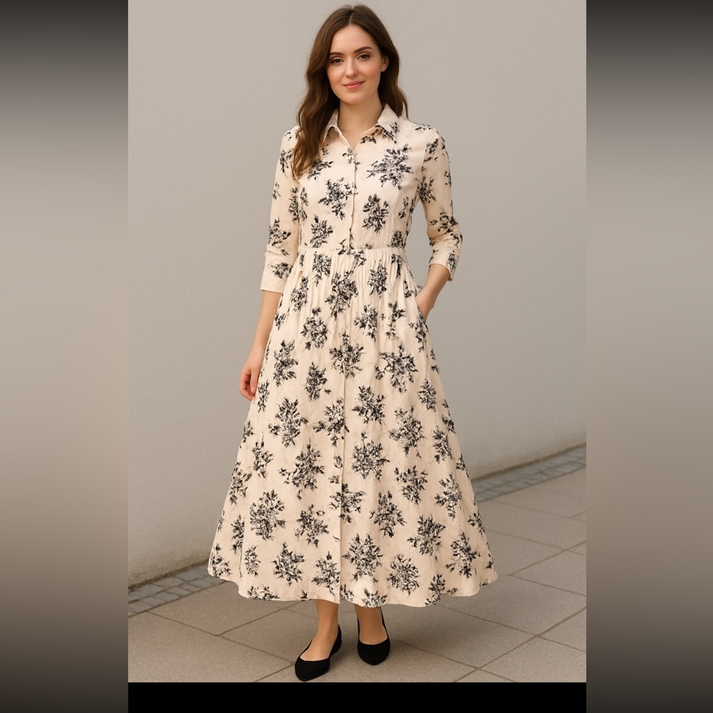 Ethereal maxi shirt dress panelled skirt pockets cream/black M